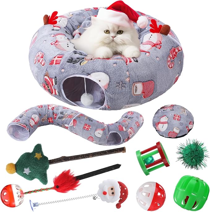 Dansydaisy 9 Pcs Cat Tunnel Under Christmas Tree, 3ft Cat Donut Tunnel with Plush Cushion and 8 Toys Cozy Washable Cave for Kittens Small Medium Pets Rabbits Gifts for Christmas