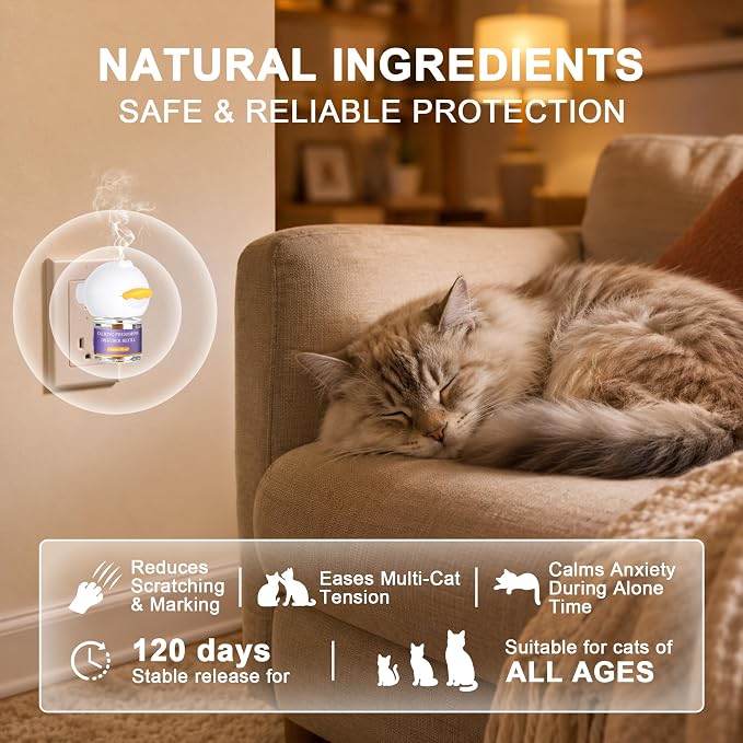 6-In-1 Advanced Cat Pheromone Calming Diffuser 120 Days (2 Plugs+4 Refills) | Relieve Anxiety, Help Reduce Fighting, Spraying & Scratching, Drug-Free & Odorless Safe Relaxation Solution