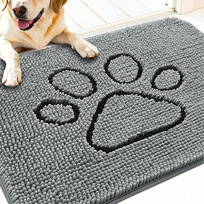OLANLY Dog Door Mat for Muddy Paws 32x20, Paw Print Design Chenille Mud Mat | Grey, Super Absorbent, Traps Moisture and Dirt, Non-Slip Washable Doormat, Quick-Drying Indoor Entryway Floor Carpet for Dogs