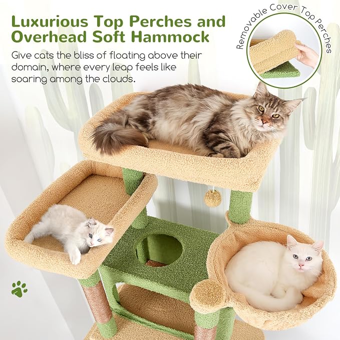 Globlazer Cactus Giant Tall Heavy Duty Cat Tower for Indoor Large Cat, F83B | XXL Multi-Level Large Cat Condo with 8 Scratching Posts, Hammock, 2 Cat Caves, 2 Platform, Green