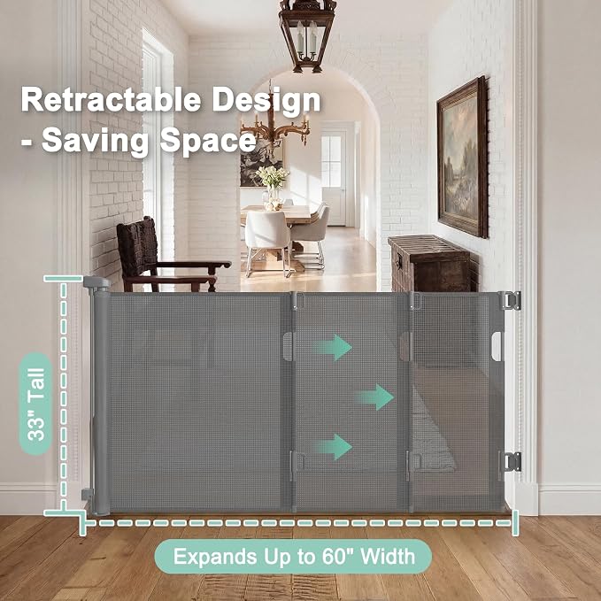 Retractable Dog Gate for Doorways, Indoor/Outdoor Safety Mesh Baby Gates for Stairs, 33" Tall Expands Up To 60" Width, Space-Saving&One Handed Operation Puertas Para Bebes for Hallways, Decks, Porches