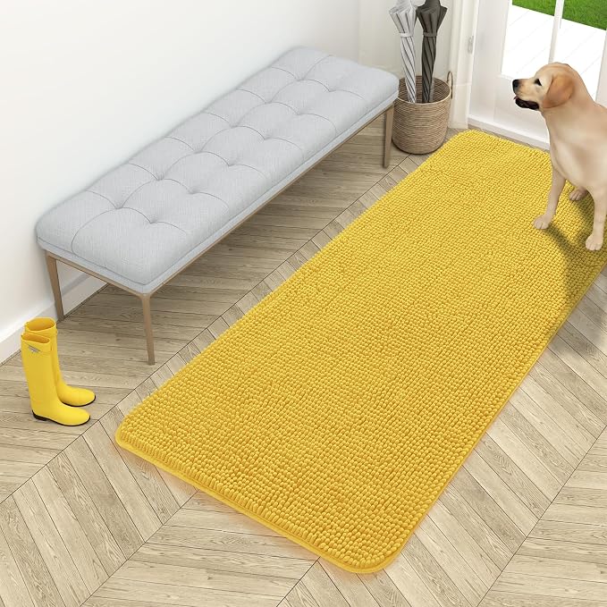 OLANLY Dog Door Mat for Muddy Paws 54x24, Super Absorbent Chenille Mud Mat | Yellow, Absorbs Moisture and Dirt, Non-Slip Machine Washable Doormat, Quick-Drying Indoor Entryway Floor Carpet for Dogs