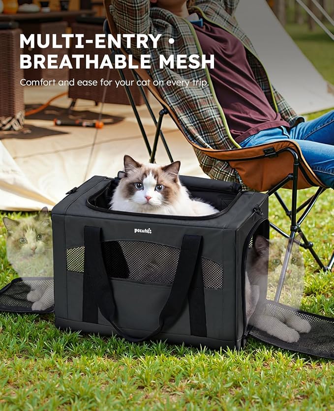 Pecute Pet Carrier for Cat up to 15lbs, Stable 5mm Steel Frame Soft-Sided Dog Carrier, Anxiety Relief Hidden Privacy Partition, Safe Pet Carrier for Car Travel, Washable, Foldable, Dark Gray, XL