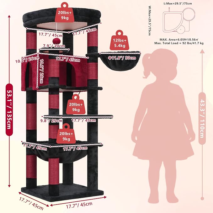 Heybly 53.1" Corner Cat Tree for Large Cats – Interactive Play HCT029BR | Sturdy Cat Tower with Cozy Cat Condo, Fan-Shaped Top Perch, Basket, Hammock & Solid Base, Black and Red