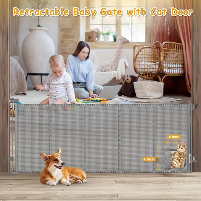 Reinforced 90” Extra Wide Retractable Dog Gate with Cat Door 33 Inch Tall Retractable Pet Gates for Wide Openings Mesh Baby Gate with Cat Door Long Gates for Kids or Pets with Reinforced Strips, Gray