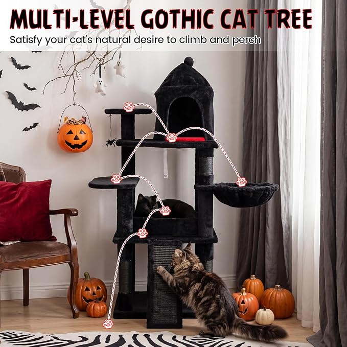 50-inch Gothic Cat Tree, Multi-Level Black Cat Tower | | Robust Scratching Posts | Coffin Bed | Castle-Shaped Comfy Cat Condo | Spider-Shaped Hanging Toy | Scratching Ladder |