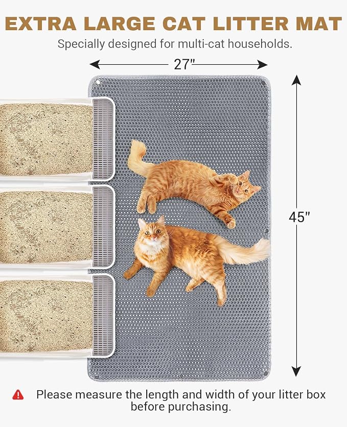 Fostanfly Cat Litter Mat, Machine Washable, Extra Large XL 45"x27", Gray | Cat Litter Trapping Mat, Urine & Waterproof, Double Layer Design, Honeycomb Scatter Control- Easy Clean for Floor