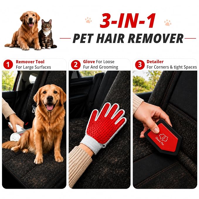 Pet Hair Removal for Home & Car 3-in-1 – Reusable Dog & Cat Removal Kit with Pet Tool, Glove, Mini Detail Cleaning & Furniture Hair Remover for Couch, Upholstery & Car Seats (Red, Combo 3-in-1)