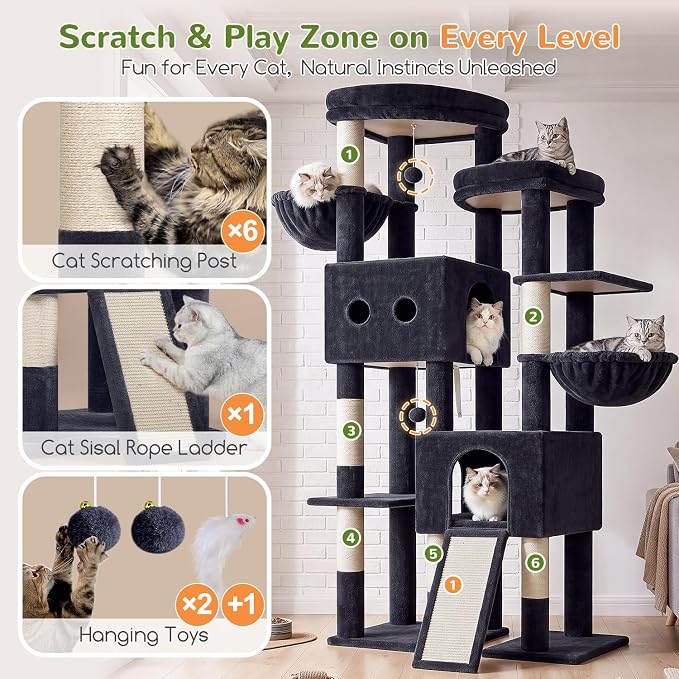 Globlazer Sturdy Cat Tower for Indoor Cats 20lbs, 76in, S76E, Dark Grey | Heavy Duty Cat Tree for Adult Big Cats Maine Coon with Scratching Post, 2 Extra Large Top Perch, 2 Padded Cat Condos