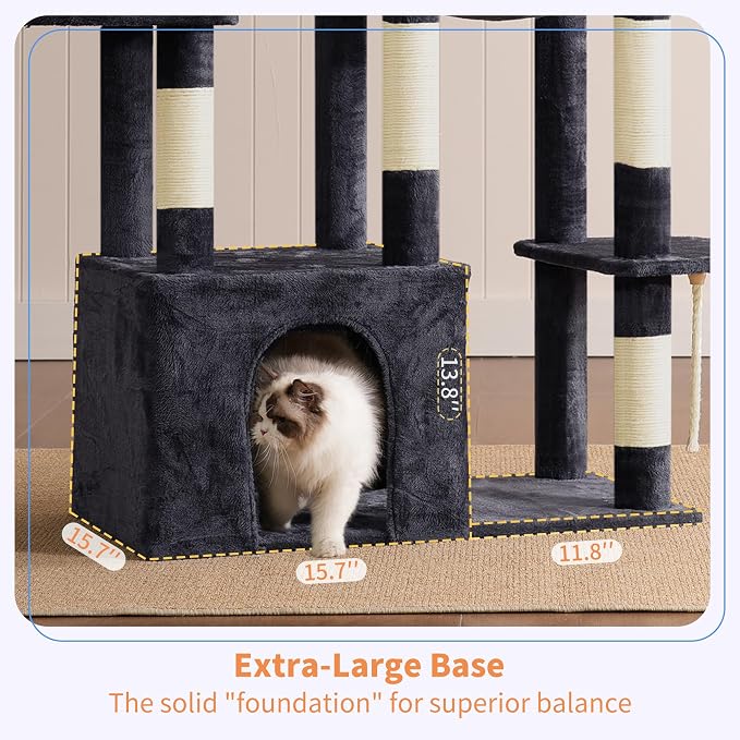 Heybly Heavy Duty Cat Tree with Large Base for Large Indoor Cats HCT026G | Cat Tower with Scratching Posts, Tall Cat Condo House , Multi-Level Plush Furniture with Hammock & Toy Balls, Smoky Gray