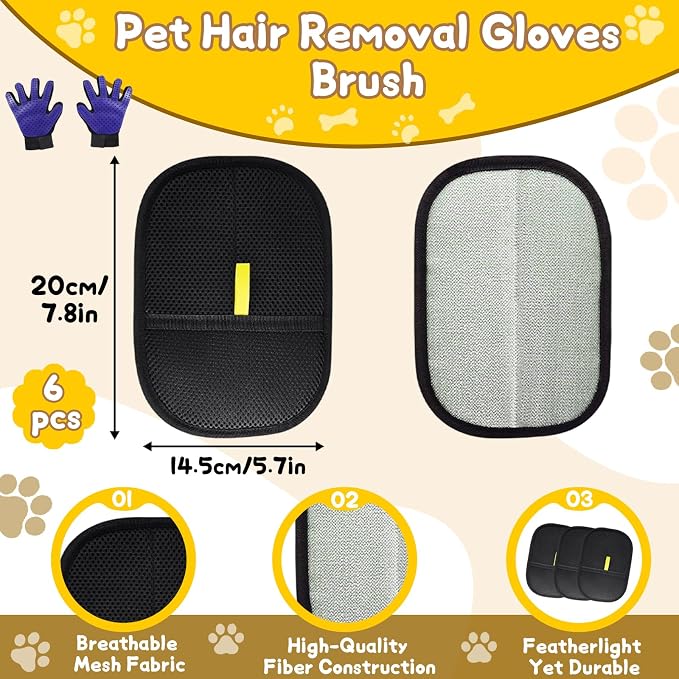 8 Pcs Pet Grooming Gloves for Shedding, Blue | 6x Reusable Cat & Dog Hair Removal Gloves, 1 Pair 2-in-1 Deshedding Brush & Massage Mitt, Safe for Dogs & Cats, Efficient