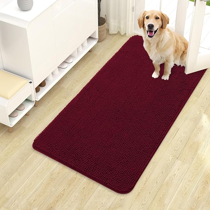 OLANLY Dog Door Mat for Muddy Paws 40x24, Super Absorbent Chenille Mud Mat | Burgundy, Absorbs Moisture and Dirt, Non-Slip Machine Washable Doormat, Quick-Drying Indoor Entryway Floor Carpet for Dogs