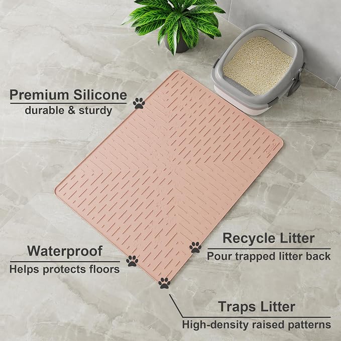 OHMO Large Cat Litter Mat, 31.5x23.6 Silicone Trapping Mat Coral | for Kitty Litter Box, Easy Clean, BPA Free Rubber, Center Litter Collection, Easy Pour-Back, Waterproof, Odor-Resistant