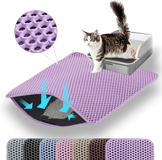 Extra Large Cat Litter Mat, Double Layer Honeycomb Design | 30x22”, Reduces Litter Tracking, Easy to Clean, Waterproof, Non-Slip, Soft on Paws, Scratch Resistant, Purple, XL