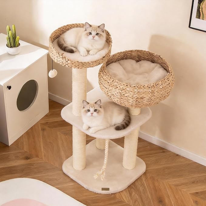 41 Inch Modern Cat Tree for Indoor Cats, Multi-Level Cute Cat Tree with Scratching Posts, Hand-Made Wicker Cat Condo & Top Perch, Dangling Ball, and Sisal Rope, Beige