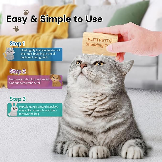 Cat Brush for Shedding, Deshedding Grooming Tool for Samll pets | 3.15 Inch Wooden Ergonomic Handle, Painless Hair Removal Grooming Tool, Stainless Steel Comb for Short & Long Hair,Fur & Dirt