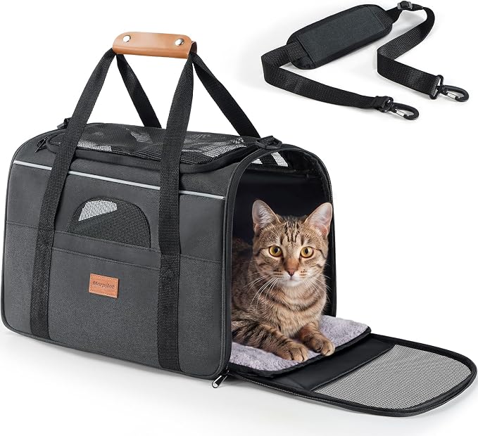 Morpilot Airline Approved Cat Carrier, 16.5" x11" x11" Soft-Sided Pet Travel Carrie with 4-Sided Mesh Ventilation for Cats & Puppies up to 15lbs (Dark Gray)