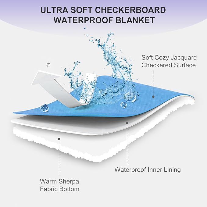 Checkered Waterproof Blanket for Bed Couch Sofa Car, Fluffy Soft Dog Blanket with 3D Jacquard Grid Pattern, Reversible Leakproof Pet Blankets for Dogs Cats Puppies, Lilac, 60"x80"