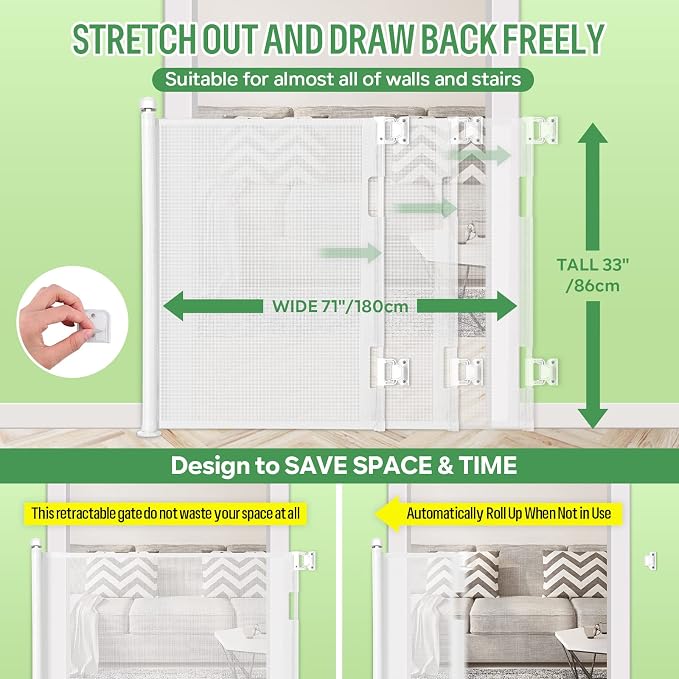 Retractable Baby Gate for Stairs & Doorways, 33" Tall Extends to 71" Wide | Extra Wide Safety Kid Pet Gate, Mesh Dog Gate for Indoor, Outdoor, Hallways One-Handed Operation, Easy Install(33”x71”-White)