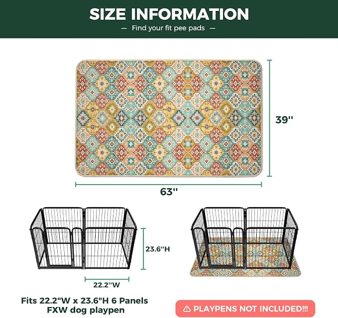 FXW Washable Pee Pads for Dogs, Super Absorbent, 39" x 63", 1 Pack | Machine washable, Non-slip backing, Fits 24"H 6-Panel FXW Rollick/Homeplus Playpens