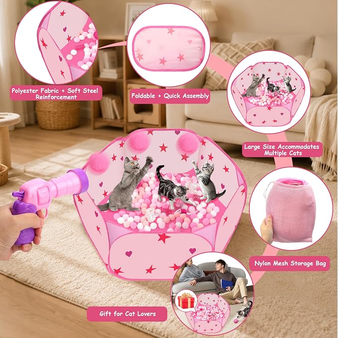 Cat Ball Pit for Indoor Cats, Collapsible Interactive Cat Toy Set with Pom Pom Launcher Crinkle Balls Jingle Bells Springs Toy Mice, Foldable Enrichment Play Pen for Bored Kittens Self Play (Pink)