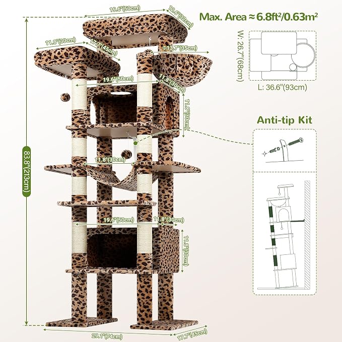 Globlazer Giant Tall Heavy Duty Cat Tower for Indoor Large Cats, F83B | XXL Multi-Level Large Cat Condo with 8 Scratching Posts, Hammock, 2 Cat Caves, 2 Platform, Leopard Print