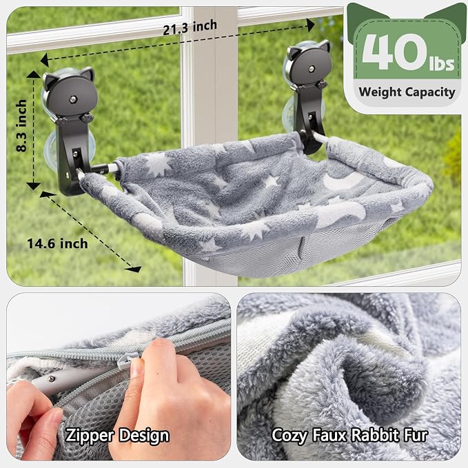 Cat Window Perch Cordless, Glow in The Dark & Stable Cat Beds- Breathable Window Hammock for Overlooking, Sunbathing and Climbing - Maximum Hold Up to 40lb(Grey)