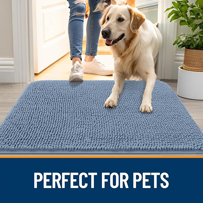 OLANLY Dog Door Mat for Muddy Paws 44x32, Super Absorbent Chenille Mud Mat | Airy Blue, Absorbs Moisture and Dirt, Non-Slip Machine Washable Doormat, Quick-Drying Indoor Entryway Floor Carpet for Dogs