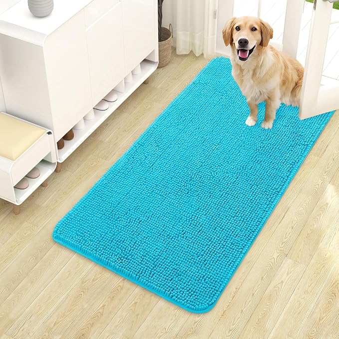 OLANLY Dog Door Mat for Muddy Paws 40x24, Super Absorbent Chenille Mud Mat | Aqua Blue, Absorbs Moisture and Dirt, Non-Slip Machine Washable Doormat, Quick-Drying Indoor Entryway Floor Carpet for Dogs