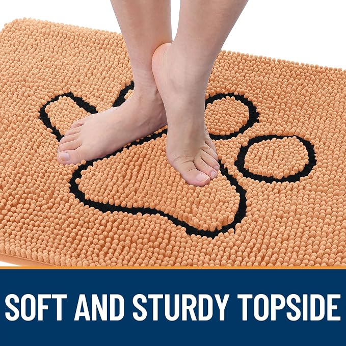 OLANLY Dog Door Mat for Muddy Paws 48x30, Paw Print Design Chenille Mud Mat | Orange, Absorbent, Traps Moisture and Dirt, Non-Slip Washable Doormat, Quick-Drying Indoor Entryway Floor Carpet for Dogs