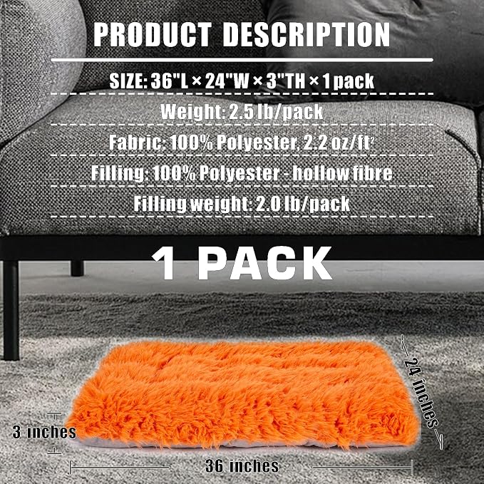 Machine Washable Dog Bed, Deluxe Plush Dog Crate Pad and Cat Bed, Anti-Slip Bottom Kennel Pad Mat, Fuzzy Pet Beds for Large, Medium, Small Dogs Breeds (Orange, 36.0" L x 24.0" W x 3.0" Th x 1 Pack)