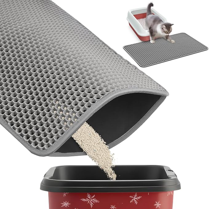 Powools Ultra-Large Cat Litter Mat, 27'' x 19", Double-Layer, Grey | Urine-Proof, Non-Slip Litter Trapping Mat, Easy to Clean, Kitty Litter Mats for Floor, Scatter Control