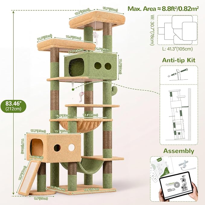 Globlazer 83inch Sturdy Cactus Multi-Level Tall Cat Tower, S83G, Green | Extra Large Heavy Duty Cat Tree for Indoor Large Adult Cats Kittens with 2 Cat Condo, 8 Scratching Post, 2 Hammock