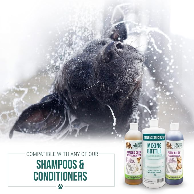 Nature's Specialties Mixing Bottle and Dog Shampoo Concentrate Bundle, Easy to Read Measurements Mixing Bottle 32 oz, Plum Silky Dog Shampoo Conditioner Concentrate 16 oz