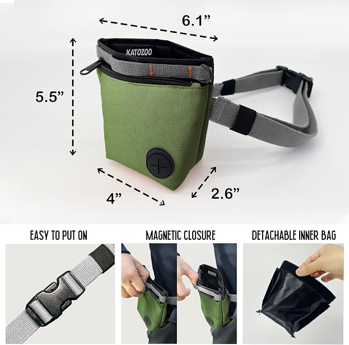 Dog Treat Pouch with Pet Training Clicker, Dog Training Treat Pouch Kit, Magnetic Closure, Hands-Free Training (Green)