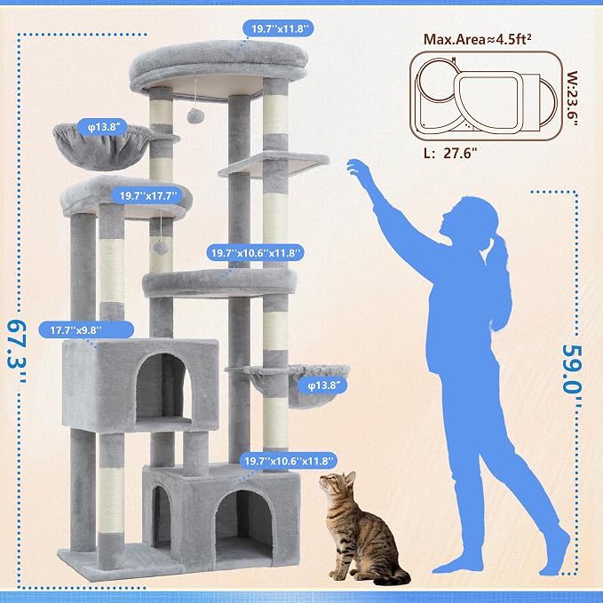 Hey-brother Cat Tree Tower with Tiered Padded Platforms, Condos, MPJ084W | 67.3 Inches Multi-Level Cat House with 9 Sisal Scratching Posts, 2 Plush Hammocks, Toy Ball for Indoor Multi-Cats, Light Gray