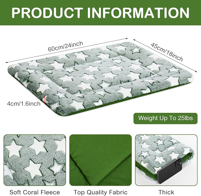4 Pcs Dog Crate Pads Soft Warm,18 x 24 x 1.6 Inch,Star,Green | Ultra Soft Warm Washable Anti-slip Kennel Bed Mat for Pets,Reversible Replaceable,for Small Medium Large Dogs and Cats