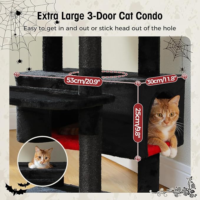 PAWZ Road Gothic Cat Tree 72" Cat Tower with Condos&Hammock for Large Cats | goth black cat tree with bat toys, 20"×16" hammock for adult cats, 7 scratch posts + pad, dual condos&perches for multi-cats