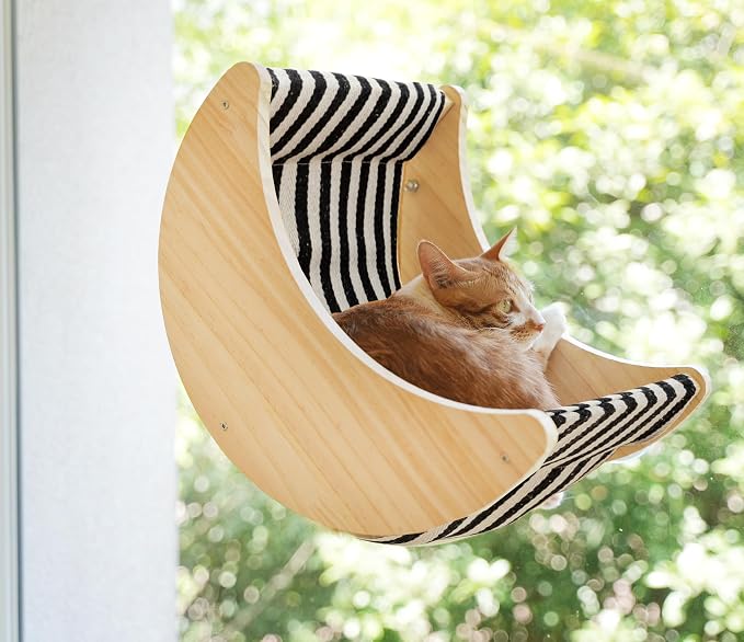 Cat Window Perch, Plywood Moon Bed with 4 Heavy-Duty Suction Cups | Window-Mounted, Drill-Free, Up to 40 lb Support, For Small to Medium Cats, Spacious Lounging Area, Machine-Washable Pad