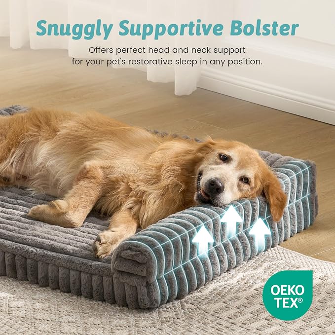 COZY KISS Ultra Soft Faux Rabbit Fur Dog Bed for Large Dogs – 48"x35" Orthopedic Foam Couch, Removable Washable Cover & Waterproof Lining, Grey