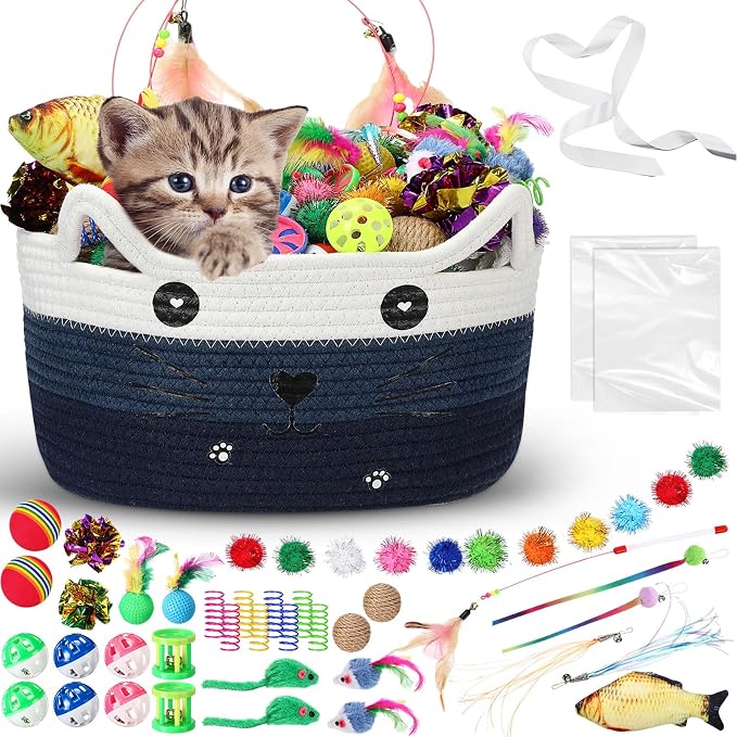 Zopeal 76 Pcs Cat Storage Basket Gift Toys Set Interactive Cat Toys Kitten Wand Colorful Flashing Balls Pet Crinkle Balls Attract Kitten to Swat, Hunt for Pet Indoor(Blue)