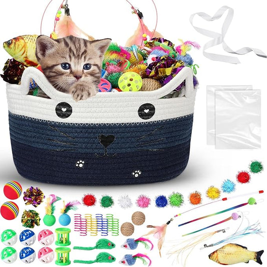 Zopeal 76 Pcs Cat Storage Basket Gift Toys Set Interactive Cat Toys Kitten Wand Colorful Flashing Balls Pet Crinkle Balls Attract Kitten to Swat, Hunt for Pet Indoor(Blue)