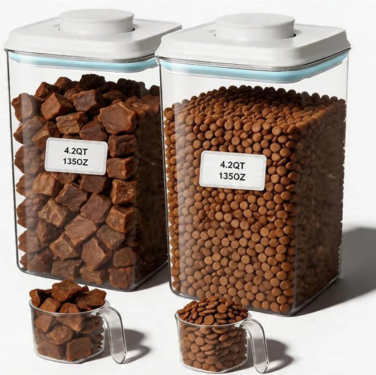 3-5 Lbs Dog Cat Treat Container Pop Pet Food Storage Container 4.2qt *2 | with 0.13qt Measure Scoop Airtight Stackable BPA-Free Pet Storage Bin Canister Pop Lid Plastic Container for Kibble & Treats