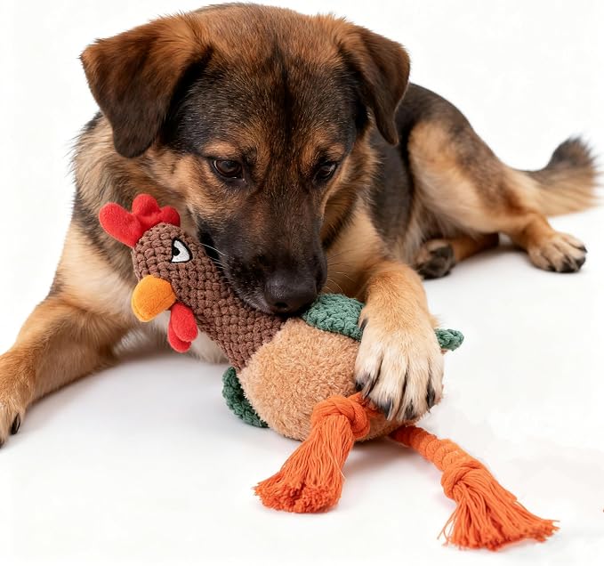 Plush Chicken Dog Toy with Squeaker, Interactive Rope Legs for Small and Medium Dogs, Multicolor Tug and Fetch Chew Rooster Toy