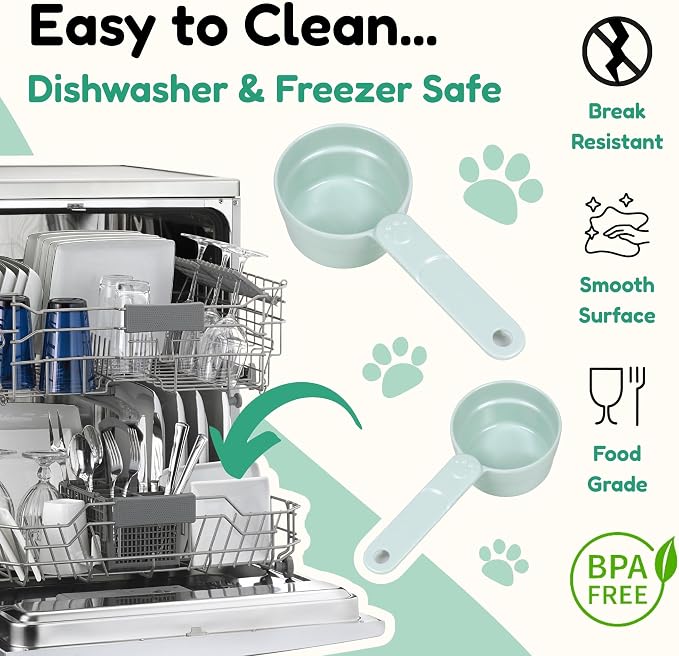 1 Cup Dog Food Scoop, Extra Long Handle Sturdy Melamine Pet Food Measuring Scoop with Clear Marking Lines, BPA-Free, Shatterproof, Dishwasher Safe (Green, 1 Cup)