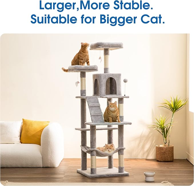 MWPO 70.1-Inch Large Cat Tree, Multi-Level Tall Cat Tower for Indoor Cats, Plush Cat Condo with Big Padded Perches, Sisal-Covered Scratching Posts, Hammock, Toys for Kittens & Cats - Light Grey