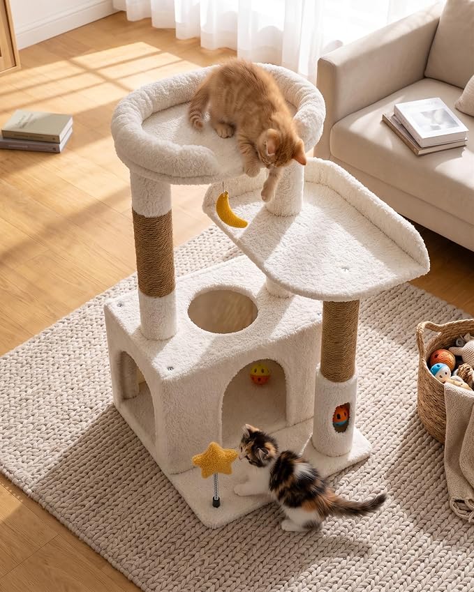 30" Kitten Cat Tower, Compact Beige Cat Tree with Condo & Perch | Plush Finish, Cozy Condo, Soft Top Perch, Sisal Scratching Post, Dangling Ball Toy, Anti-Tip Base, for Cats up to 15 lbs