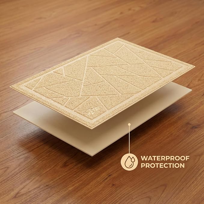 Cat Litter Box Mat, Kitty Premium PVC Pad, Durable Trapping Rug, Phthalate Free, Urine-Resistant, Scatter Control, Mosaic, L 35 x 23 Inch, Beige