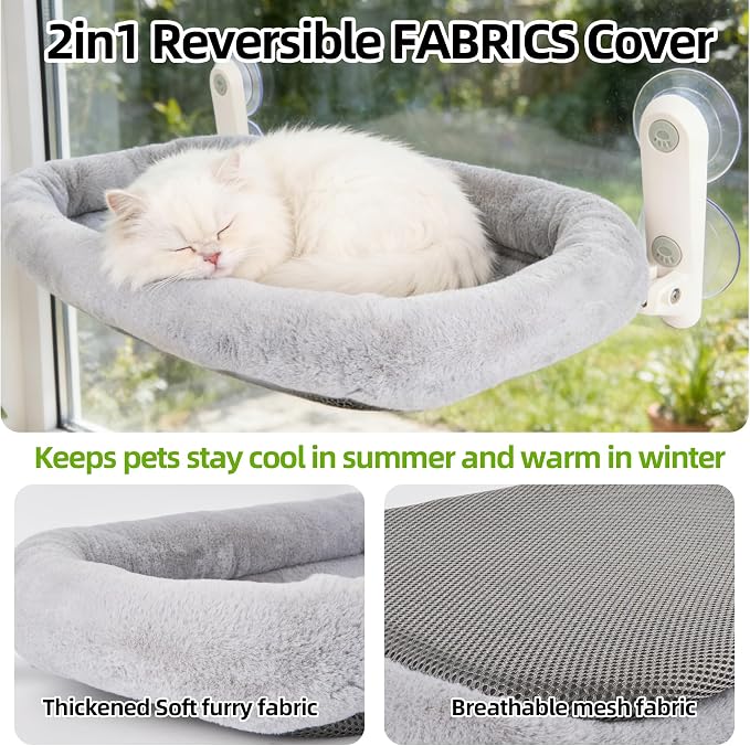 Foldable Cat Window Perch,Inside Window Hammock for Cats with 4 Strong Suction Cups,Sturdy Metal Frame and Washable Soft Cover,Indoor Cat Bed - L