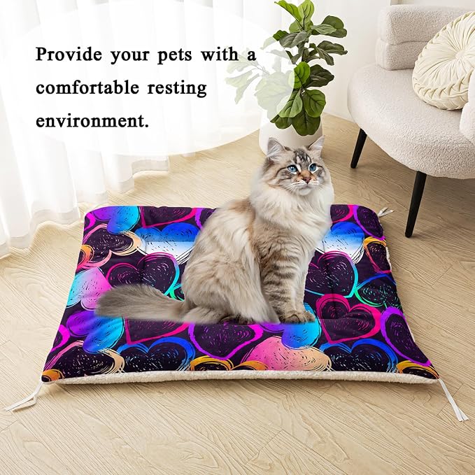 HOSIMA Multicolor Heart Pattern Pet Bed Mat,Fuzzy Crate Pads for Dog Cages,Washable Soft Cozy Sleeping Mat,Plush Black Pad Suitable for Medium Dog Bed,38L*32W Inch,Colorful.
